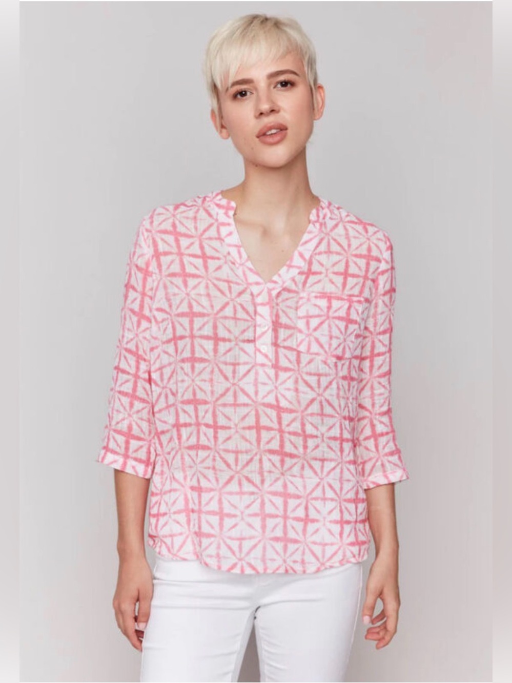 Charlie B Printed Cotton Gauze Half-Button Pink Blouse Size Medium